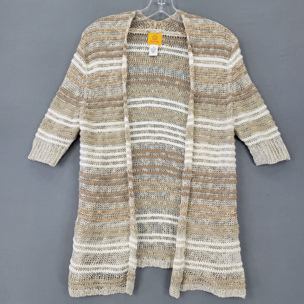 Ruby Rd Tan Gold Open Cardigan Sweater Loose Striped Short Sleeves Womens Size M